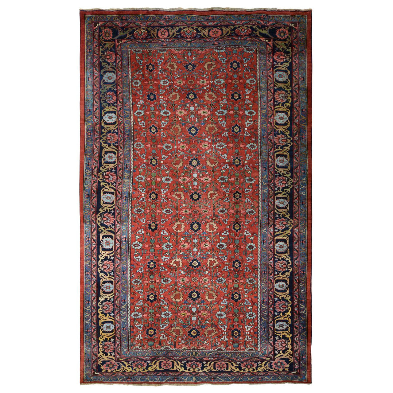 Antique Wool Hand Knotted Rug Red Navy Blue 11.2X18.5 -O078275
