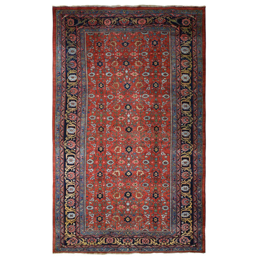 Antique Wool Hand Knotted Rug Red Navy Blue 11.2X18.5 -O078275
