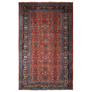 Antique Wool Hand Knotted Rug Red Navy Blue 11.2X18.5 -O078275