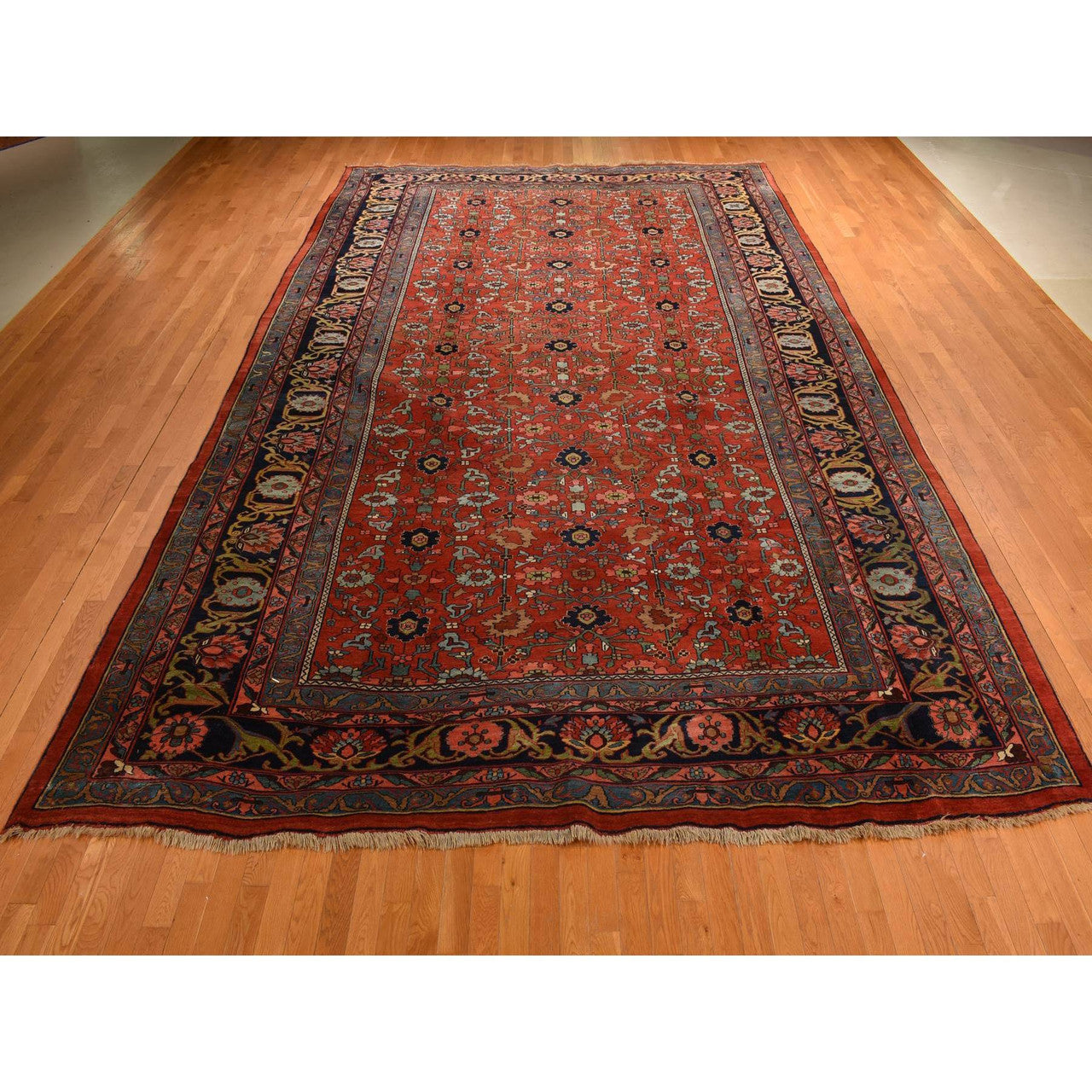 Antique Wool Hand Knotted Rug Red Navy Blue 11.2X18.5 -O078275