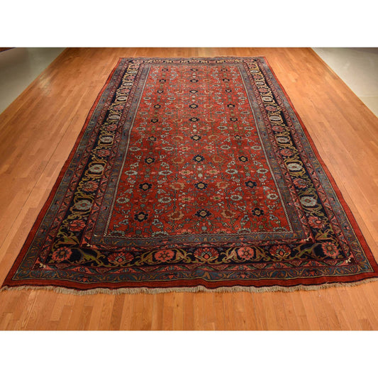 Antique Wool Hand Knotted Rug Red Navy Blue 11.2X18.5 -O078275