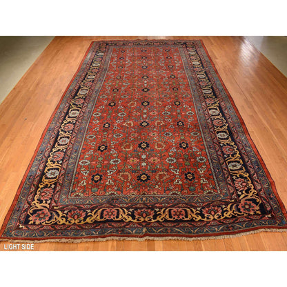Antique Wool Hand Knotted Rug Red Navy Blue 11.2X18.5 -O078275
