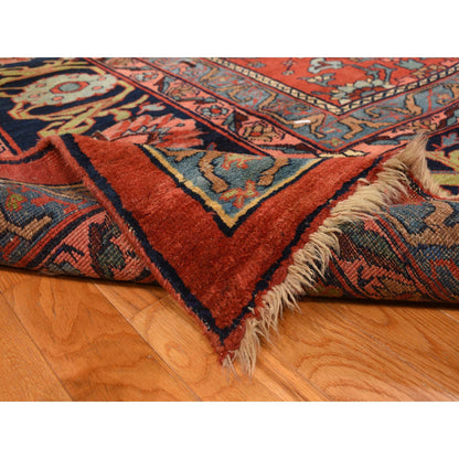 Antique Wool Hand Knotted Rug Red Navy Blue 11.2X18.5 -O078275
