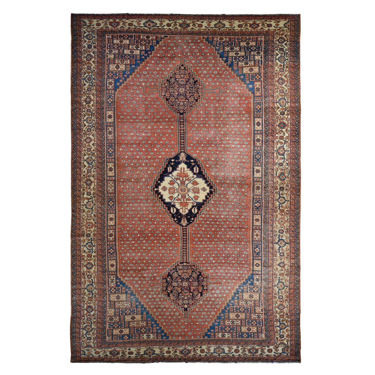 Antique Wool Hand Knotted Rug Red Ivory 12.6X19.6 -O078276