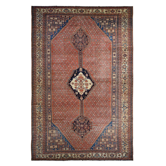 Antique Wool Hand Knotted Rug Red Ivory 12.6X19.6 -O078276