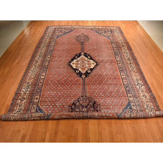 Antique Wool Hand Knotted Rug Red Ivory 12.6X19.6 -O078276
