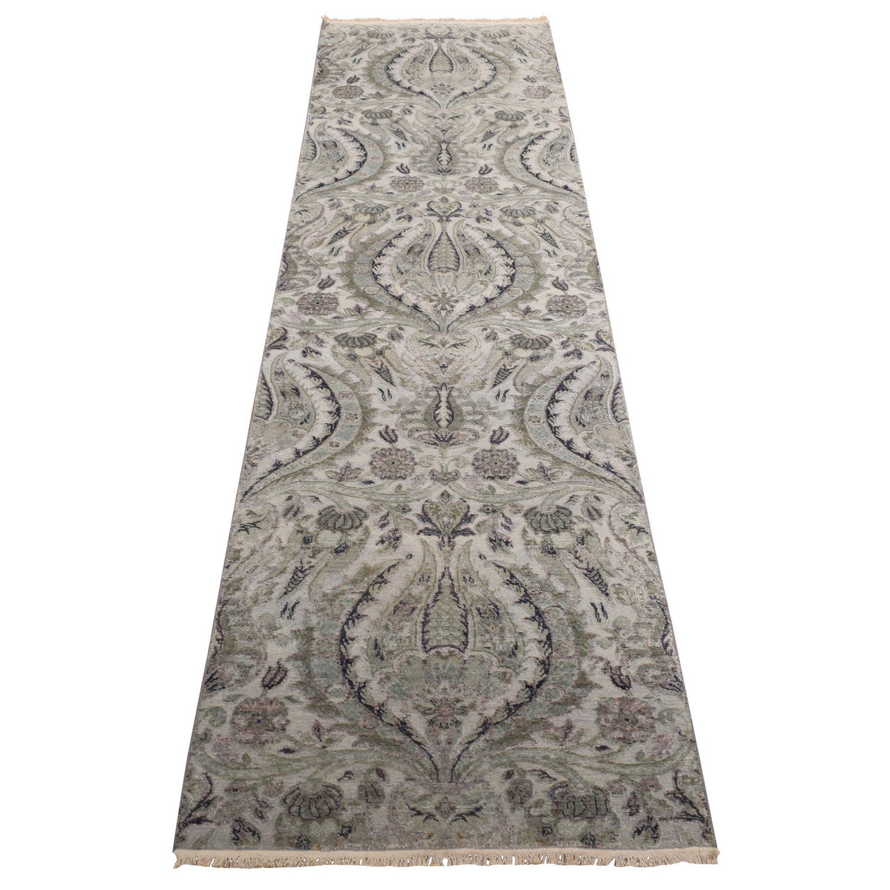 Gray 3'0" x 11'10" and & Pure Hand knotted Wool/Silk Rug - Sku: O078282