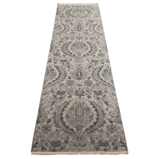 Wool and Silk Wool & Pure Silk Hand Knotted Rug Grey No Border 3.0X11.10 -O078282