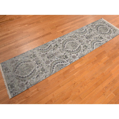 Wool and Silk Wool & Pure Silk Hand Knotted Rug Grey No Border 3.0X11.10 -O078282