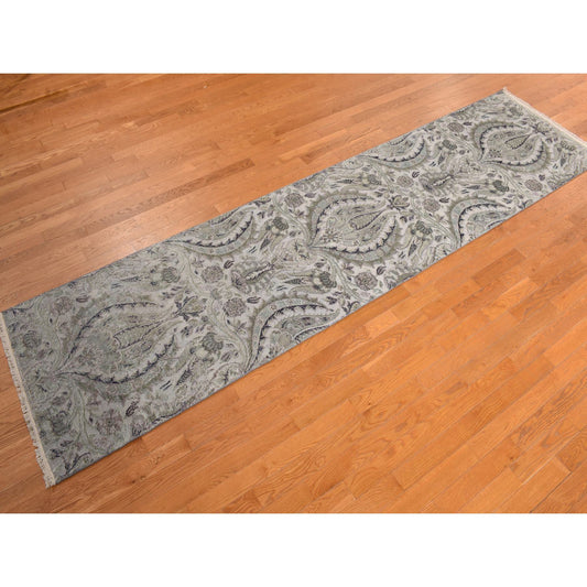 Wool and Silk Wool & Pure Silk Hand Knotted Rug Grey No Border 3.0X11.10 -O078282