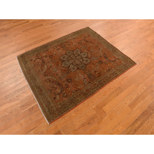 Antique Wool Hand Knotted Rug Orange Brown 4.2X5.2 -O078291