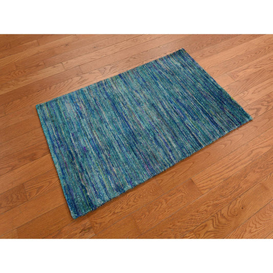 Modern and Contemporary Sari Silk Hand Knotted Rug Blue No Border 2.1X3.2 -O078295