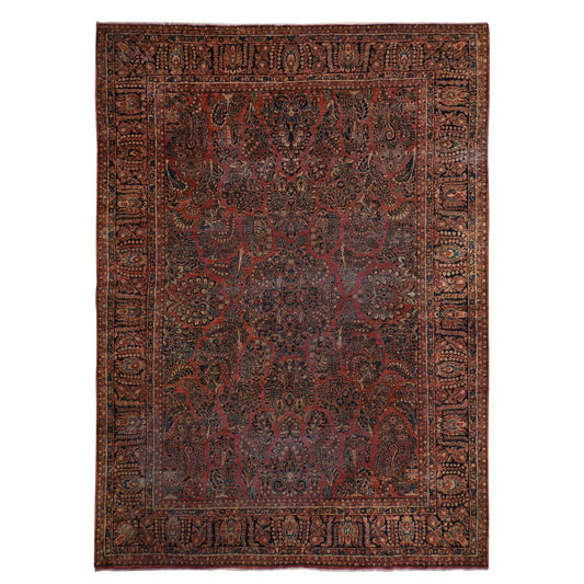 Antique Wool Hand Knotted Rug Red Midnight Blue 10.0X13.4 -O078306