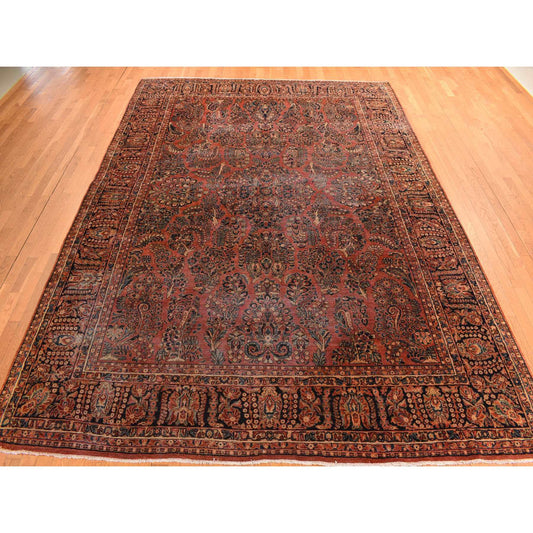 Antique Wool Hand Knotted Rug Red Midnight Blue 10.0X13.4 -O078306