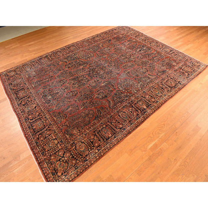 Antique Wool Hand Knotted Rug Red Midnight Blue 10.0X13.4 -O078306