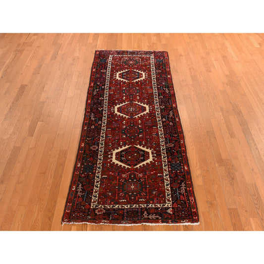 Heriz Wool Hand Knotted Rug Red Midnight Blue 3.9X9.6 -O078308