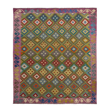 Flateweave Wool Hand Loomed Rug Green 8.4X9.10  -O078347