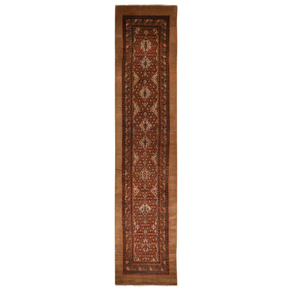 Antique Wool Hand Knotted Rug Brown 3.2x15.0 -O078368