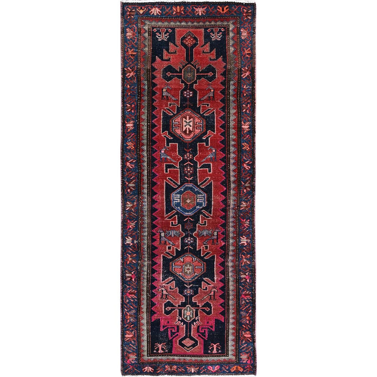 Overdyed & Vintage Wool Hand Knotted Rug Red 3.0x9.2 -O0788
