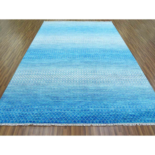 Modern and Contemporary Wool Hand Knotted Rug Blue No Border 9.1X12.2 -O079014