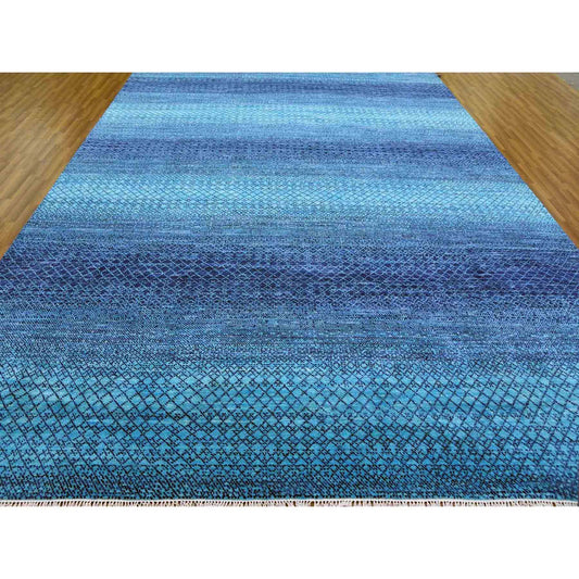Modern and Contemporary Wool Hand Knotted Rug Blue No Border 10.0X14.1 -O079038