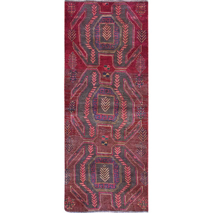 Overdyed & Vintage Wool Hand Knotted Rug Red 3.0x7.7 -O0790