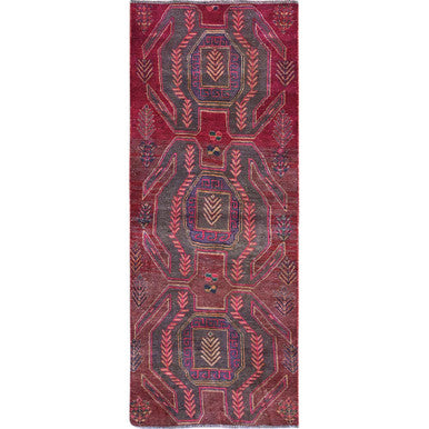 Overdyed & Vintage Wool Hand Knotted Rug Red 3.0x7.7 -O0790