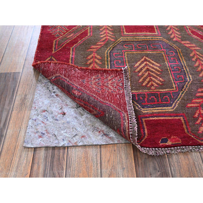 Overdyed & Vintage Wool Hand Knotted Rug Red 3.0x7.7 -O0790