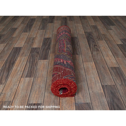 Overdyed & Vintage Wool Hand Knotted Rug Red 3.0x7.7 -O0790