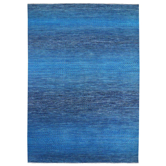 Modern and Contemporary Wool Hand Knotted Rug Blue No Border 10.0X14.3 -O079172