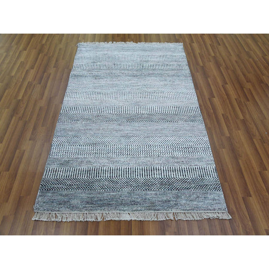 Modern and Contemporary Wool & Silk Hand Knotted Rug Ivory No Border 4.0X6.0 -O079246
