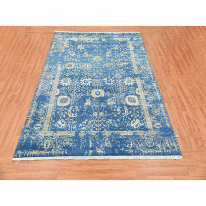 Transitional Wool & Silk Hand Knotted Rug Blue Denim Blue 6.0X9.2 -O079269