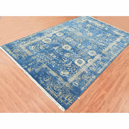 Transitional Wool & Silk Hand Knotted Rug Blue Denim Blue 6.0X9.2 -O079269