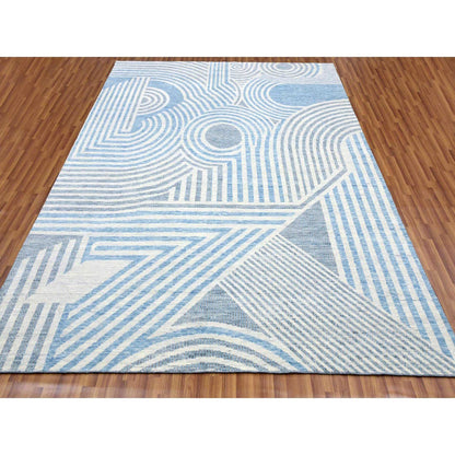 Modern and Contemporary Wool Hand Knotted Rug Blue No Border 9.0X12.0 -O079293