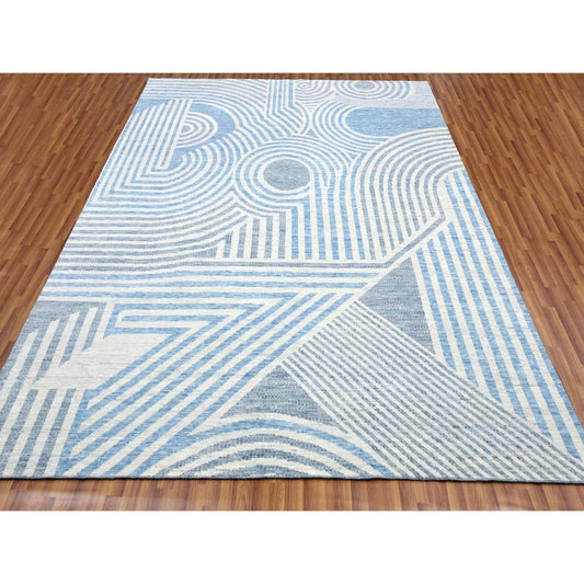 Modern and Contemporary Wool Hand Knotted Rug Blue No Border 9.0X12.0 -O079293