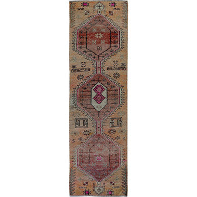 Overdyed & Vintage Wool Hand Knotted Rug Orange 2.11x10.5 -O0792