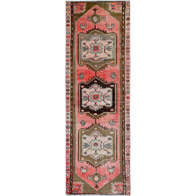 Overdyed & Vintage Wool Hand Knotted Rug Red 3.0x9.2 -O0793