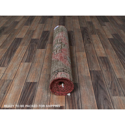 Overdyed & Vintage Wool Hand Knotted Rug Red 3.0x9.2 -O0793