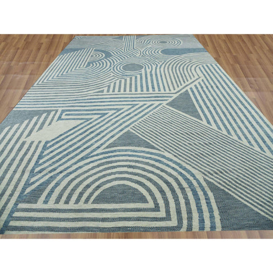 Modern and Contemporary Wool Hand Knotted Rug Blue No Border 12.2X18.4 -O079409