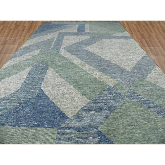 Modern and Contemporary Wool Hand Knotted Rug Green No Border 12.2X18.3 -O079414