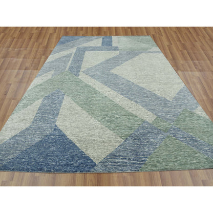 Modern and Contemporary Wool Hand Knotted Rug Green No Border 10.0X14.0 -O079416