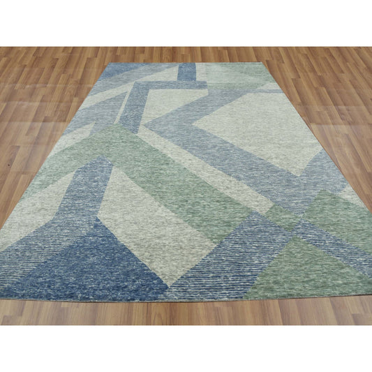 Modern and Contemporary Wool Hand Knotted Rug Green No Border 10.0X14.0 -O079416
