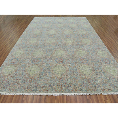 Modern and Contemporary Wool Hand Knotted Rug Green No Border 10.0X14.2 -O079436