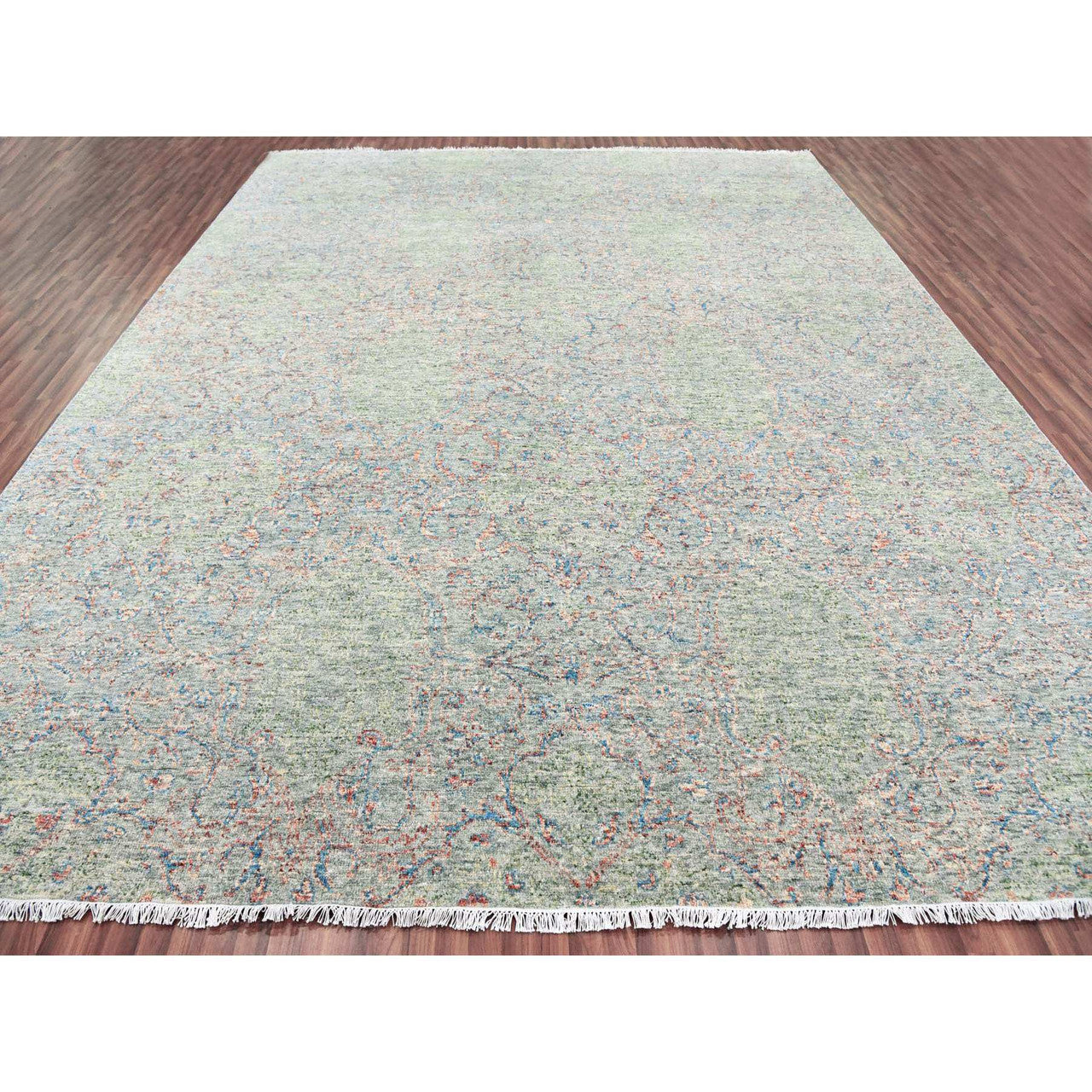 Modern and Contemporary Wool Hand Knotted Rug Green No Border 12.0X15.2 -O079443