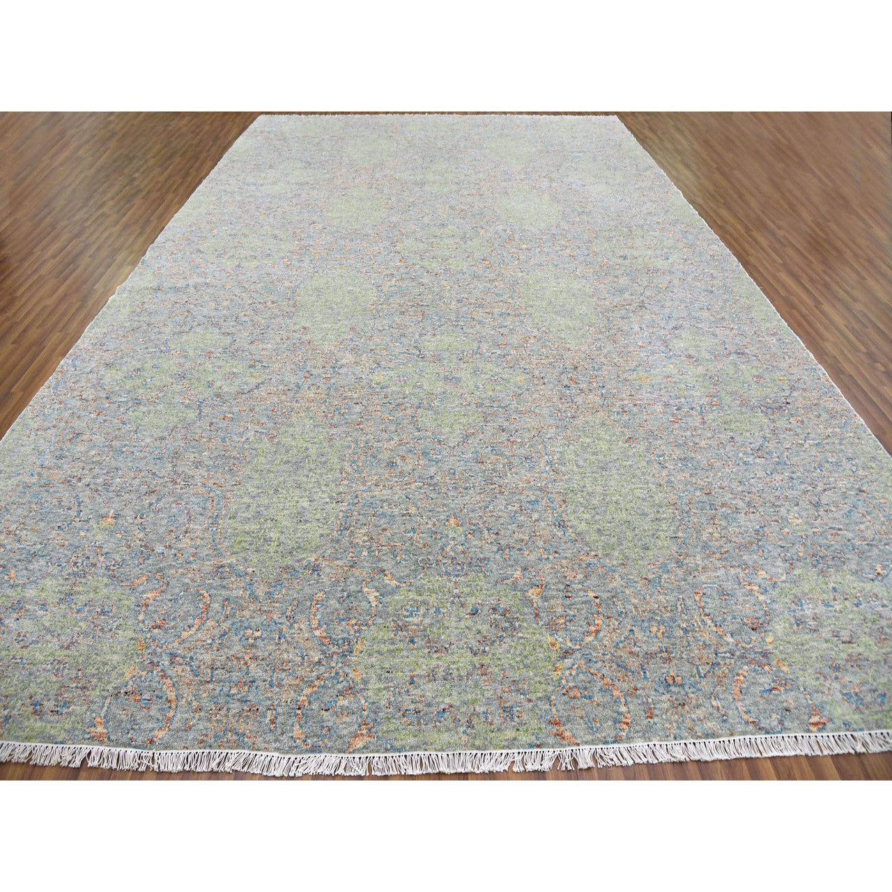 Modern and Contemporary Wool Hand Knotted Rug Green No Border 12.0X18.0 -O079449