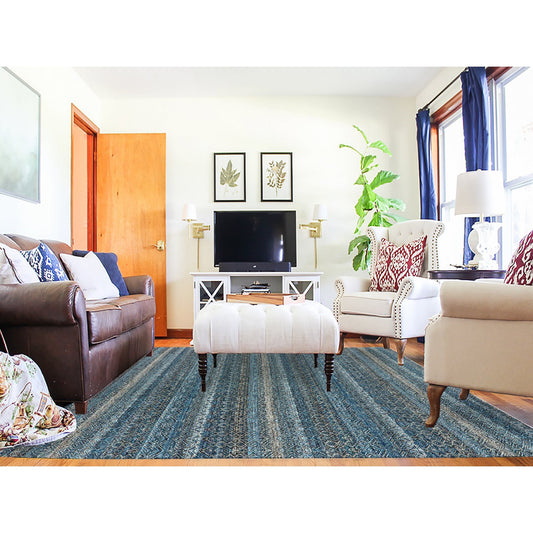 Modern and Contemporary Wool Hand Knotted Rug Blue No Border 8.0X10.0 -O079464