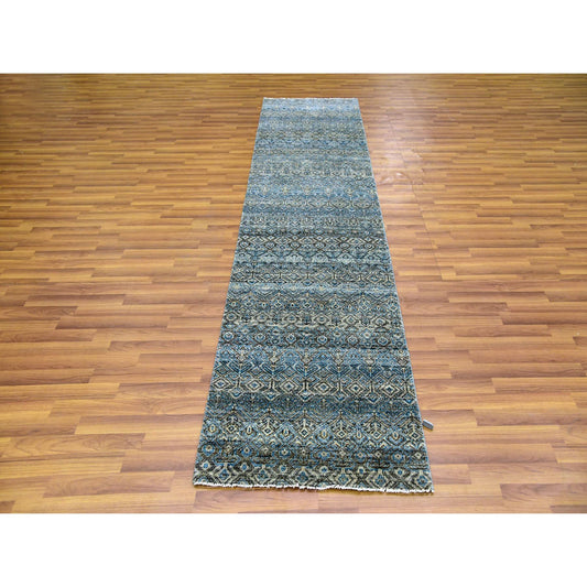 Modern and Contemporary Wool Hand Knotted Rug Blue No Border 2.6X10.0 -O079494