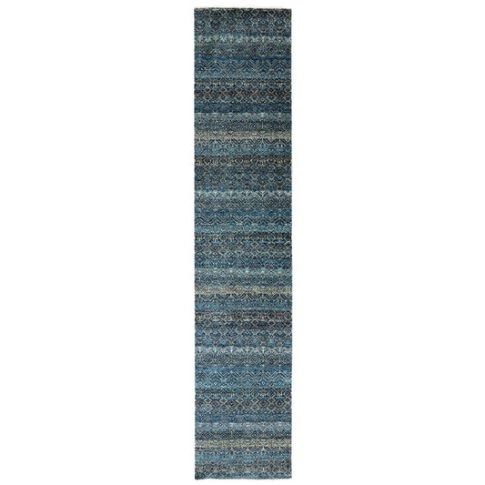 Modern and Contemporary Wool Hand Knotted Rug Blue No Border 2.5X12.0 -O079499