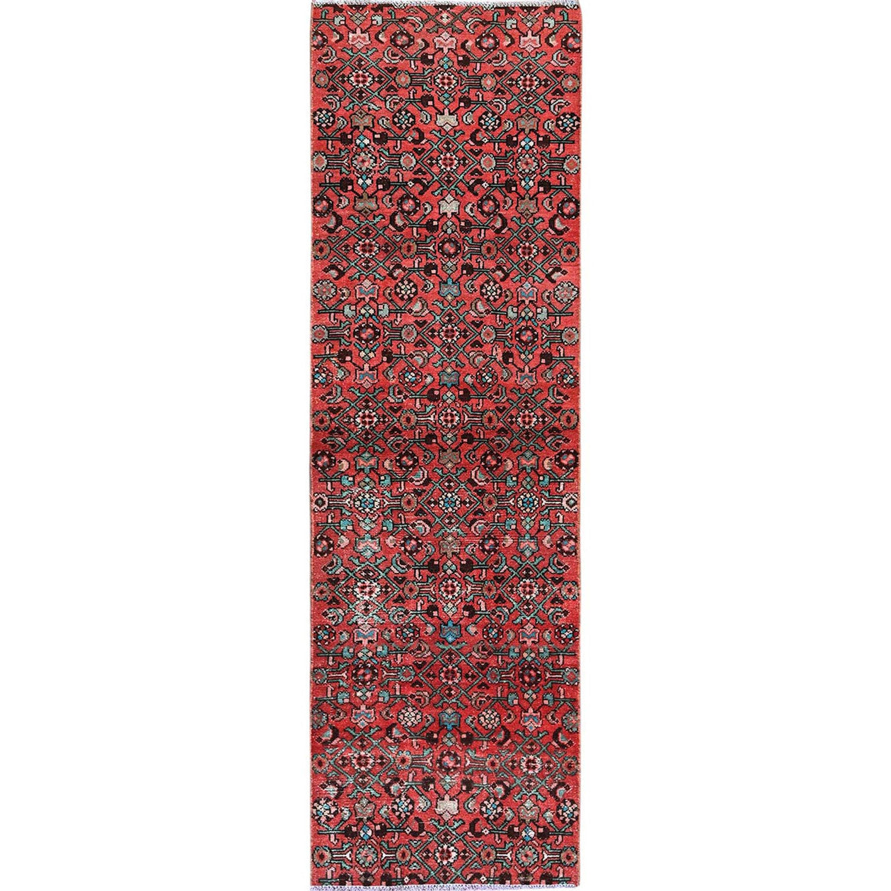 Overdyed & Vintage Wool Hand Knotted Rug Red 2.5x8.8 -O0794