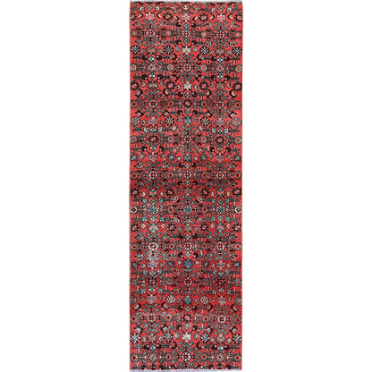Overdyed & Vintage Wool Hand Knotted Rug Red 2.5x8.8 -O0794